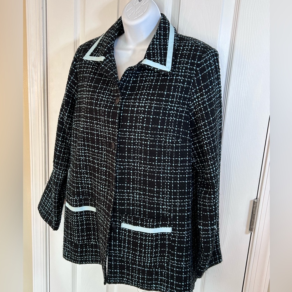 Chic Black and Teal Blue Checkered Blazer